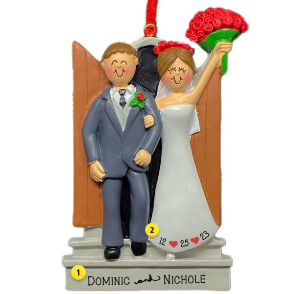 Personalized Newlyweds Couple Ornament - Male. Brown Hair and Female. Brown Hair