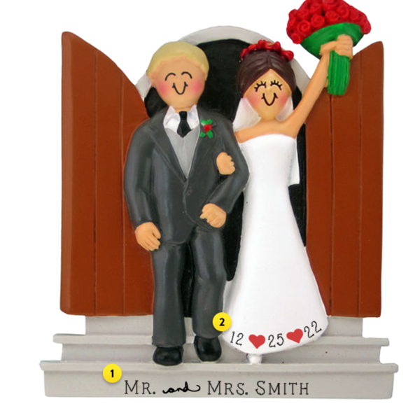 Personalized Newlyweds Couple Ornament - Male. Blonde Hair and Female. Brown Hair - Image 2