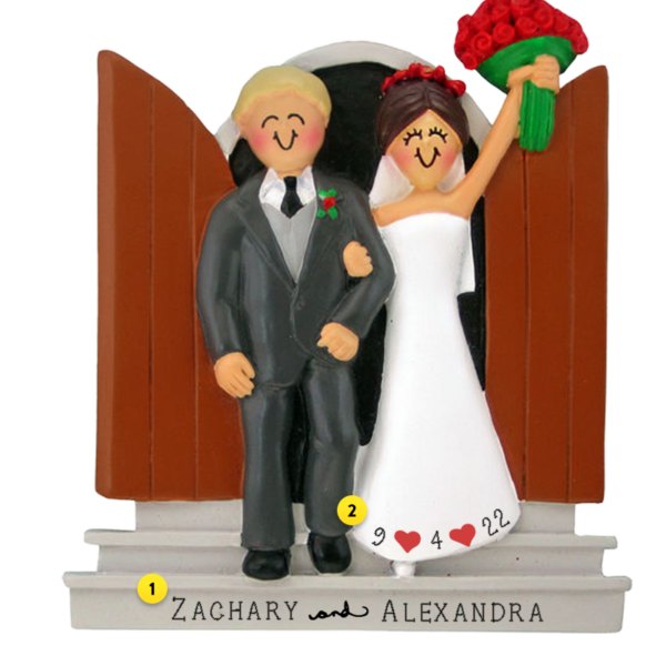 Personalized Newlyweds Couple Ornament - Male. Blonde Hair and Female. Brown Hair
