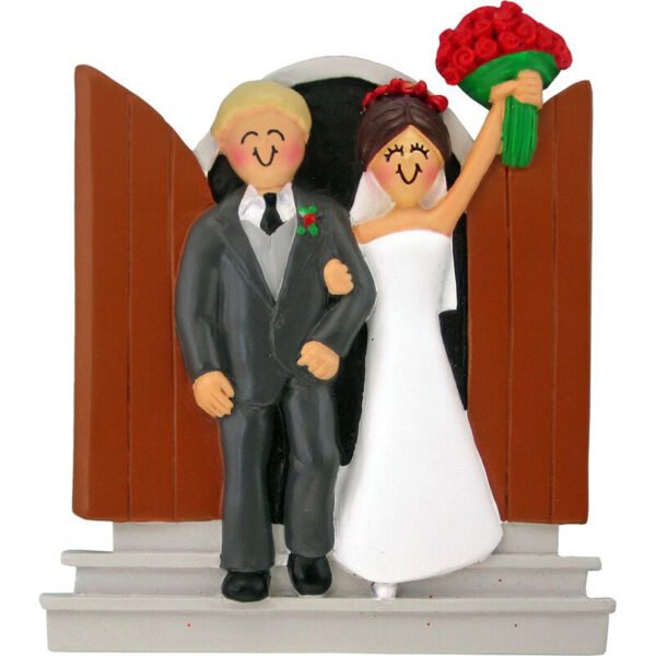 Personalized Newlyweds Couple Ornament - Male. Blonde Hair and Female. Brown Hair - Image 3